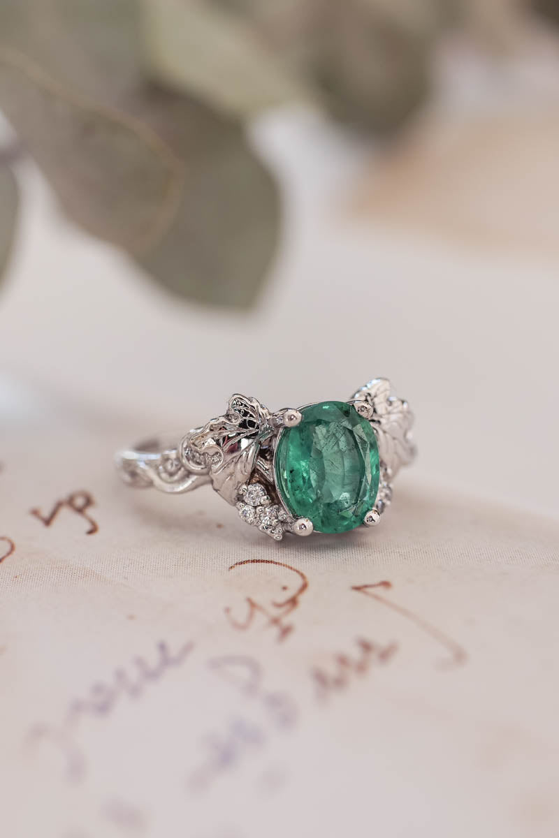 Oval cut emerald and diamonds engagement ring / Vineyard - Eden Garden Jewelry™