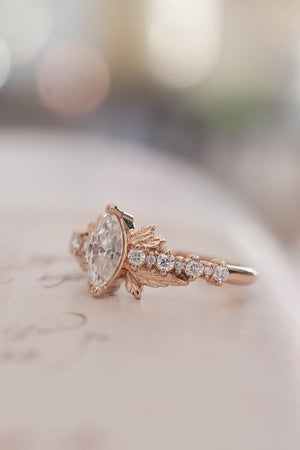 Marquise moissanite engagement ring, gold leaf ring / Verbena - Eden Garden Jewelry™