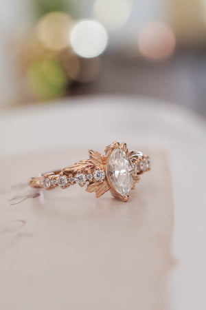 Marquise moissanite engagement ring, gold leaf ring / Verbena - Eden Garden Jewelry™