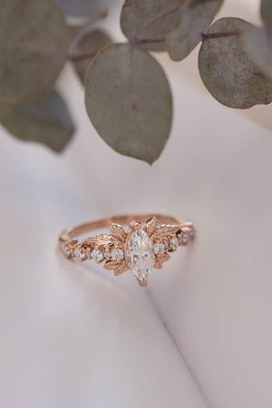 Marquise moissanite engagement ring, gold leaf ring / Verbena - Eden Garden Jewelry™