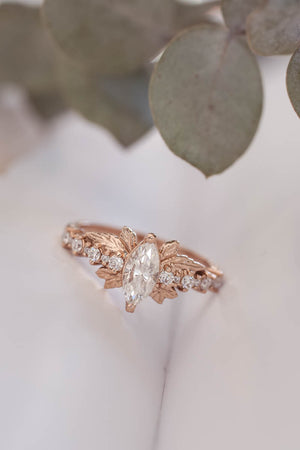 Marquise moissanite engagement ring, gold leaf ring / Verbena - Eden Garden Jewelry™