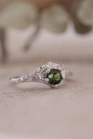 Engagement & wedding ring set with green tourmaline / Amelia - Eden Garden Jewelry™