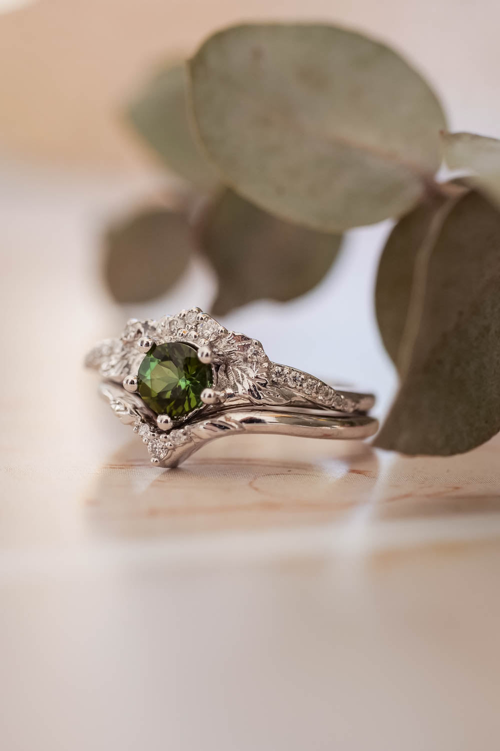 Engagement & wedding ring set with green tourmaline / Amelia - Eden Garden Jewelry™