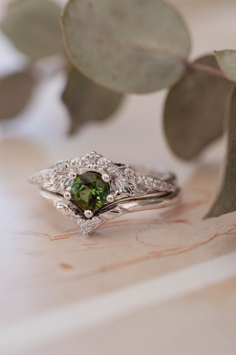 Engagement & wedding ring set with green tourmaline / Amelia - Eden Garden Jewelry™