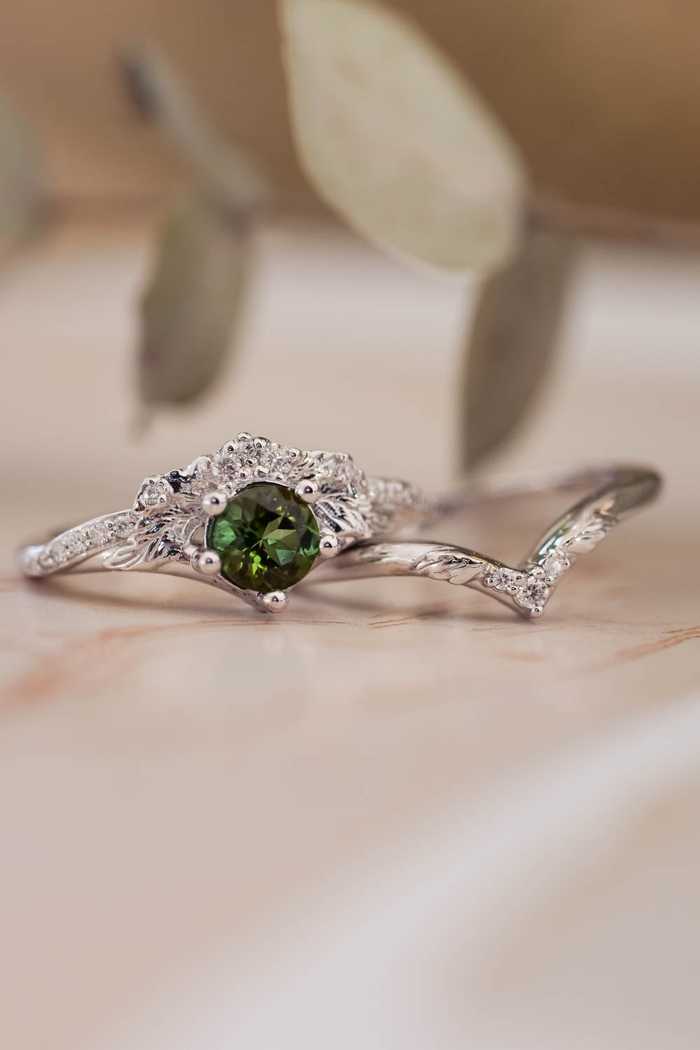 Engagement & wedding ring set with green tourmaline / Amelia - Eden Garden Jewelry™