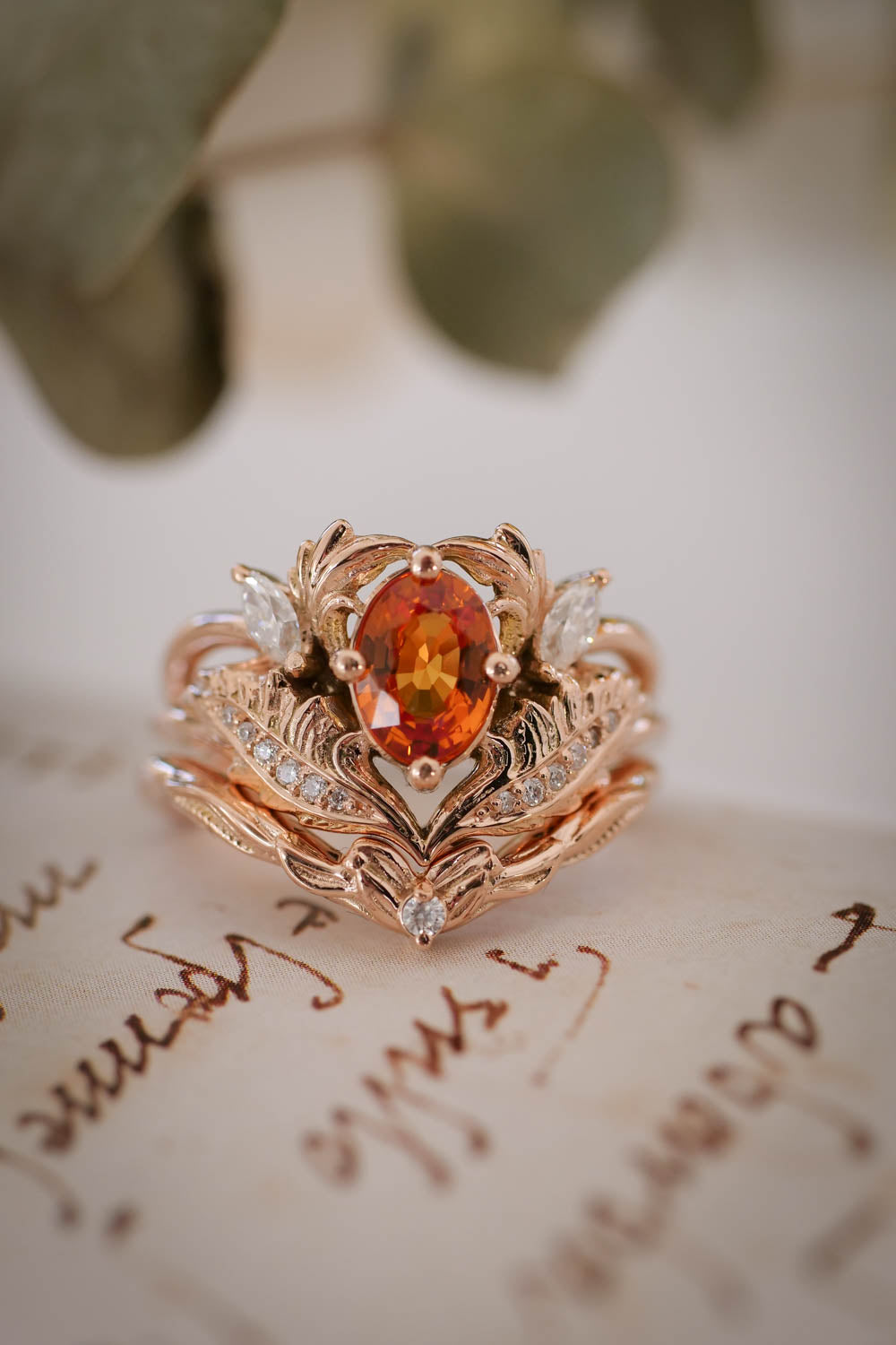 Bridal ring set with orange sapphire and diamonds / Adonis - Eden Garden Jewelry™