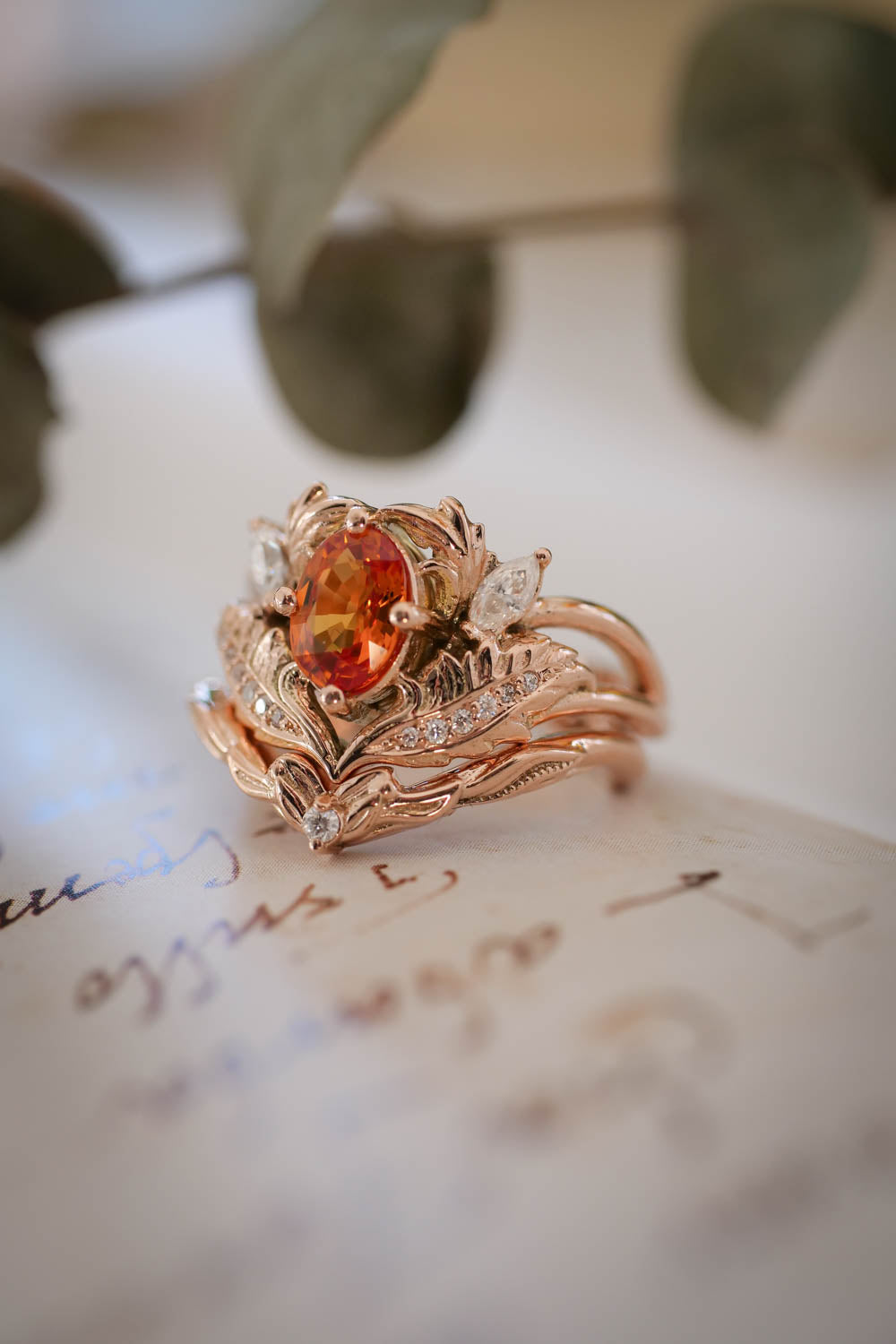 Bridal ring set with orange sapphire and diamonds / Adonis - Eden Garden Jewelry™