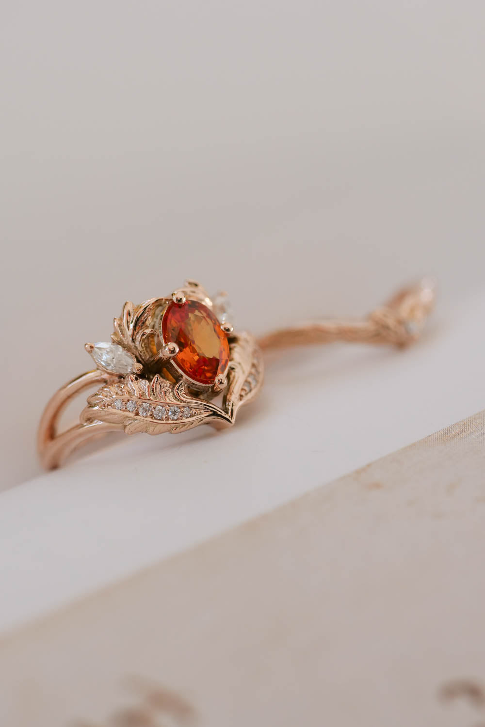 Bridal ring set with orange sapphire and diamonds / Adonis - Eden Garden Jewelry™