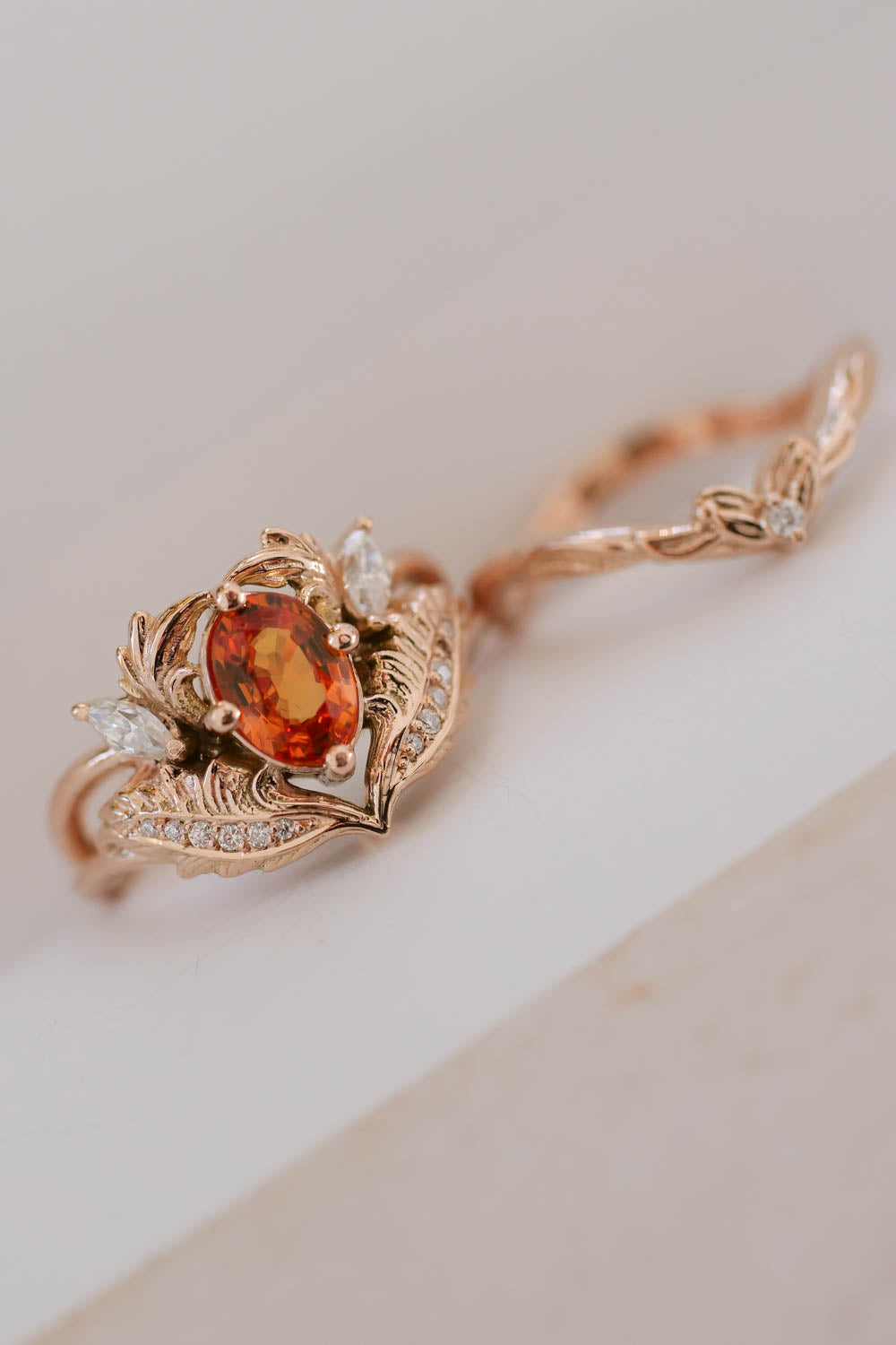 Bridal ring set with orange sapphire and diamonds / Adonis - Eden Garden Jewelry™