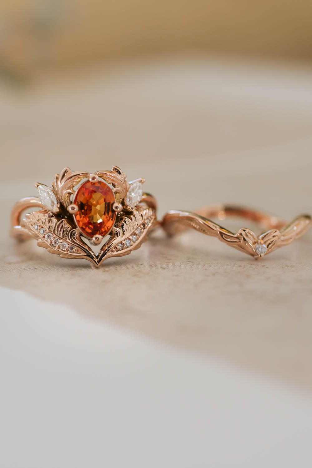 Bridal ring set with orange sapphire and diamonds / Adonis - Eden Garden Jewelry™