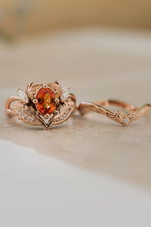 Bridal ring set with orange sapphire and diamonds / Adonis - Eden Garden Jewelry™