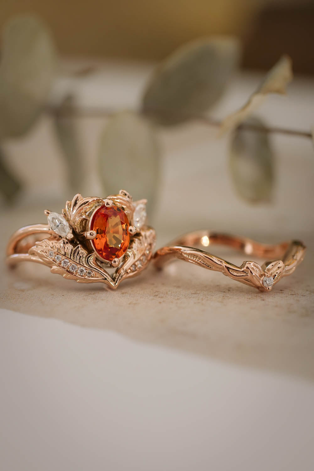 Bridal ring set with orange sapphire and diamonds / Adonis - Eden Garden Jewelry™