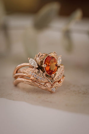 Bridal ring set with orange sapphire and diamonds / Adonis - Eden Garden Jewelry™