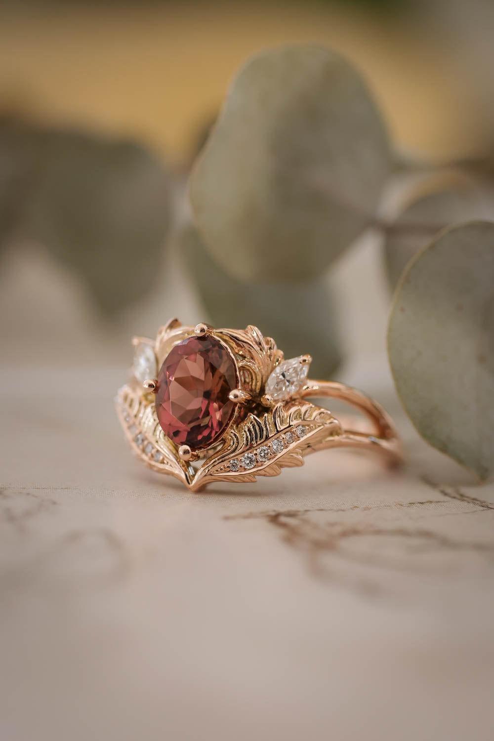 Bridal ring set with pink tourmaline and diamonds / Adonis - Eden Garden Jewelry™