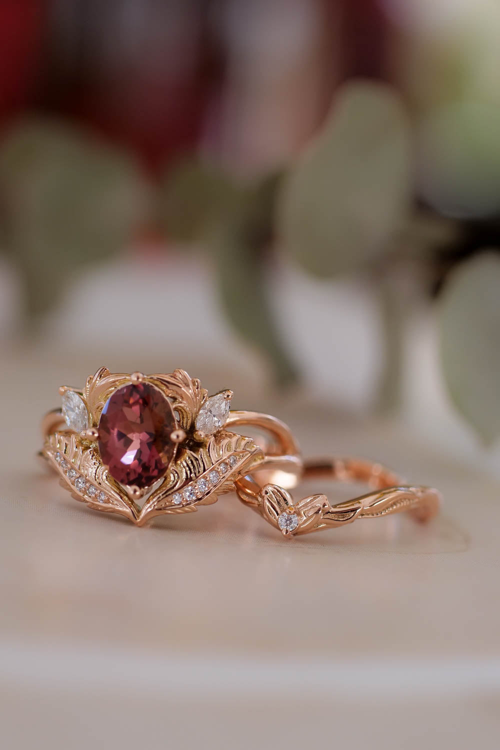 Bridal ring set with pink tourmaline and diamonds / Adonis - Eden Garden Jewelry™