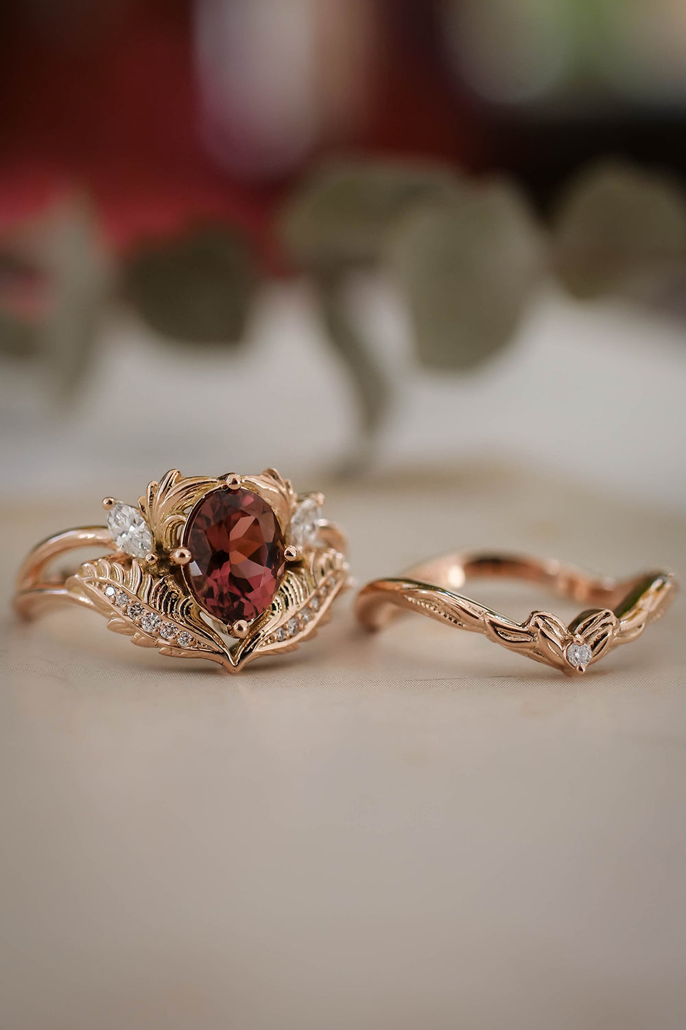 Bridal ring set with pink tourmaline and diamonds / Adonis - Eden Garden Jewelry™