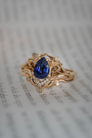 Art nouveau bridal ring set with lab sapphire / Lida - Eden Garden Jewelry™