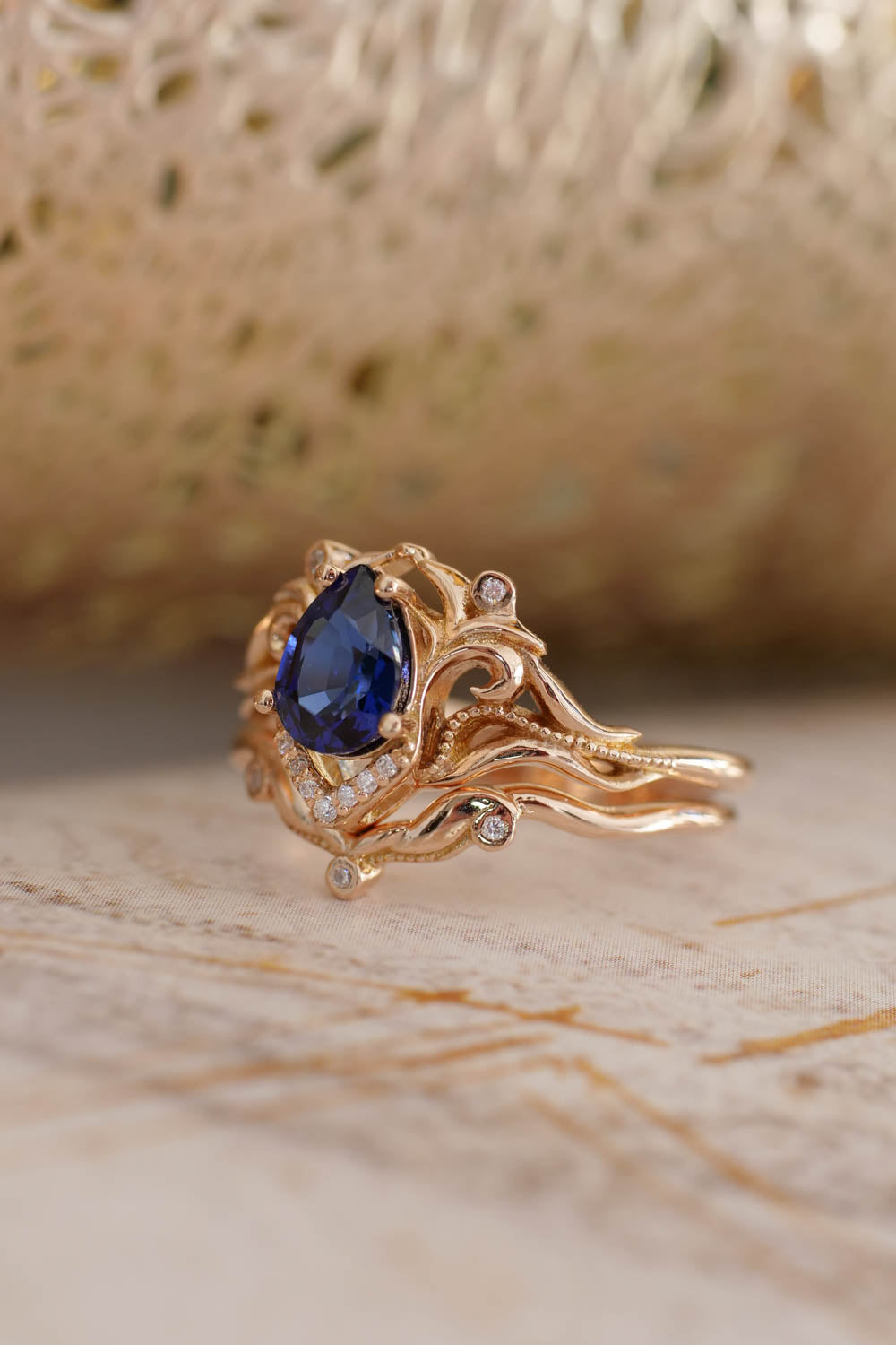 Art nouveau bridal ring set with lab sapphire / Lida - Eden Garden Jewelry™