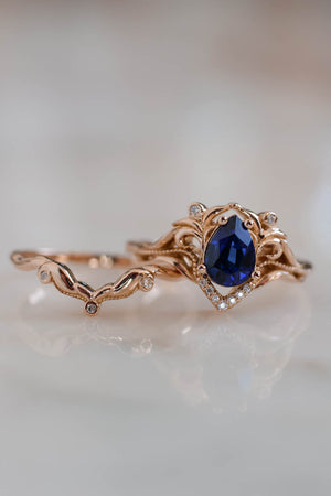 Art nouveau bridal ring set with lab sapphire / Lida - Eden Garden Jewelry™