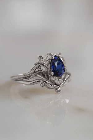 Art nouveau bridal ring set with lab sapphire / Lida - Eden Garden Jewelry™