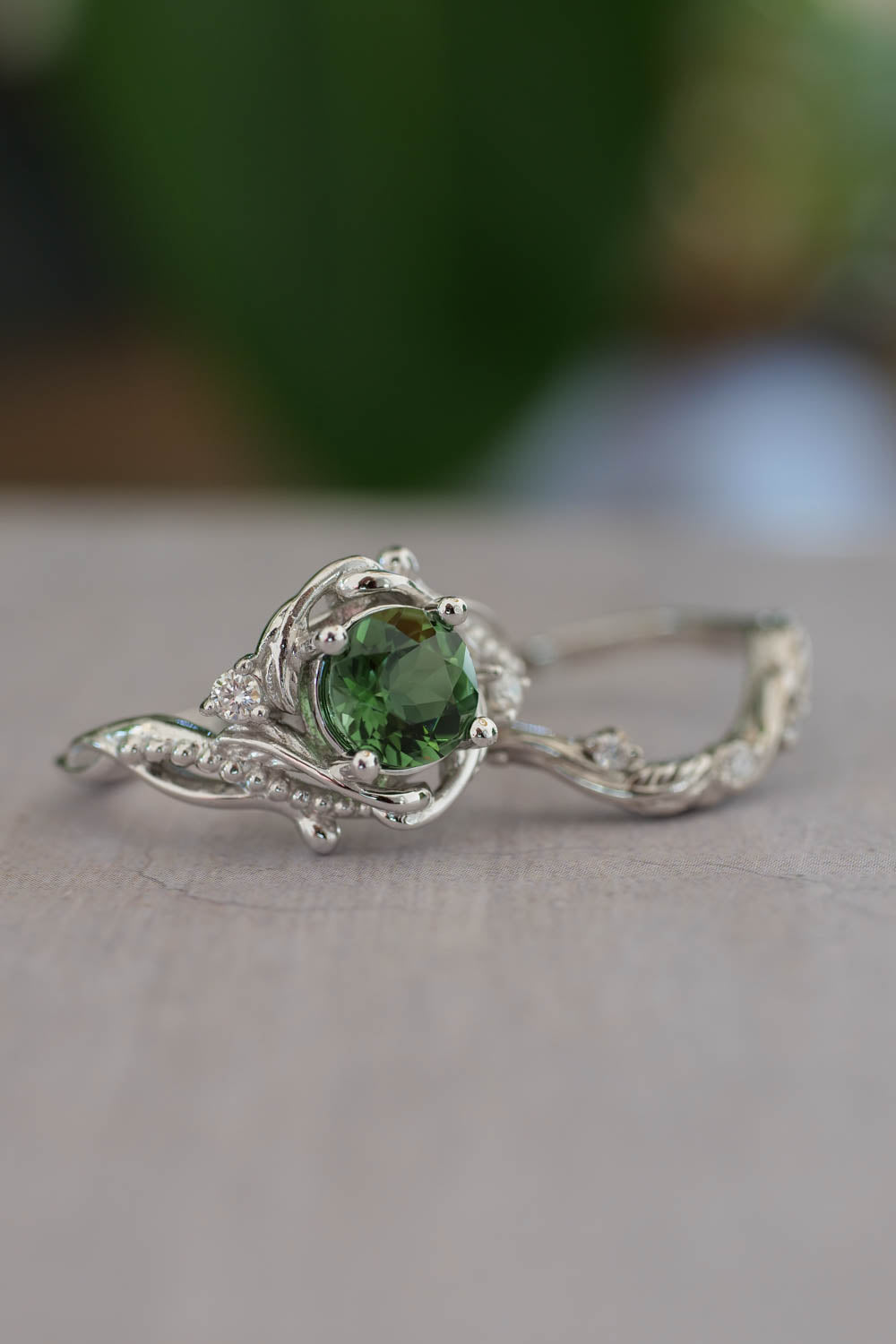 1 carat green tourmaline bridal ring set / Undina - Eden Garden Jewelry™