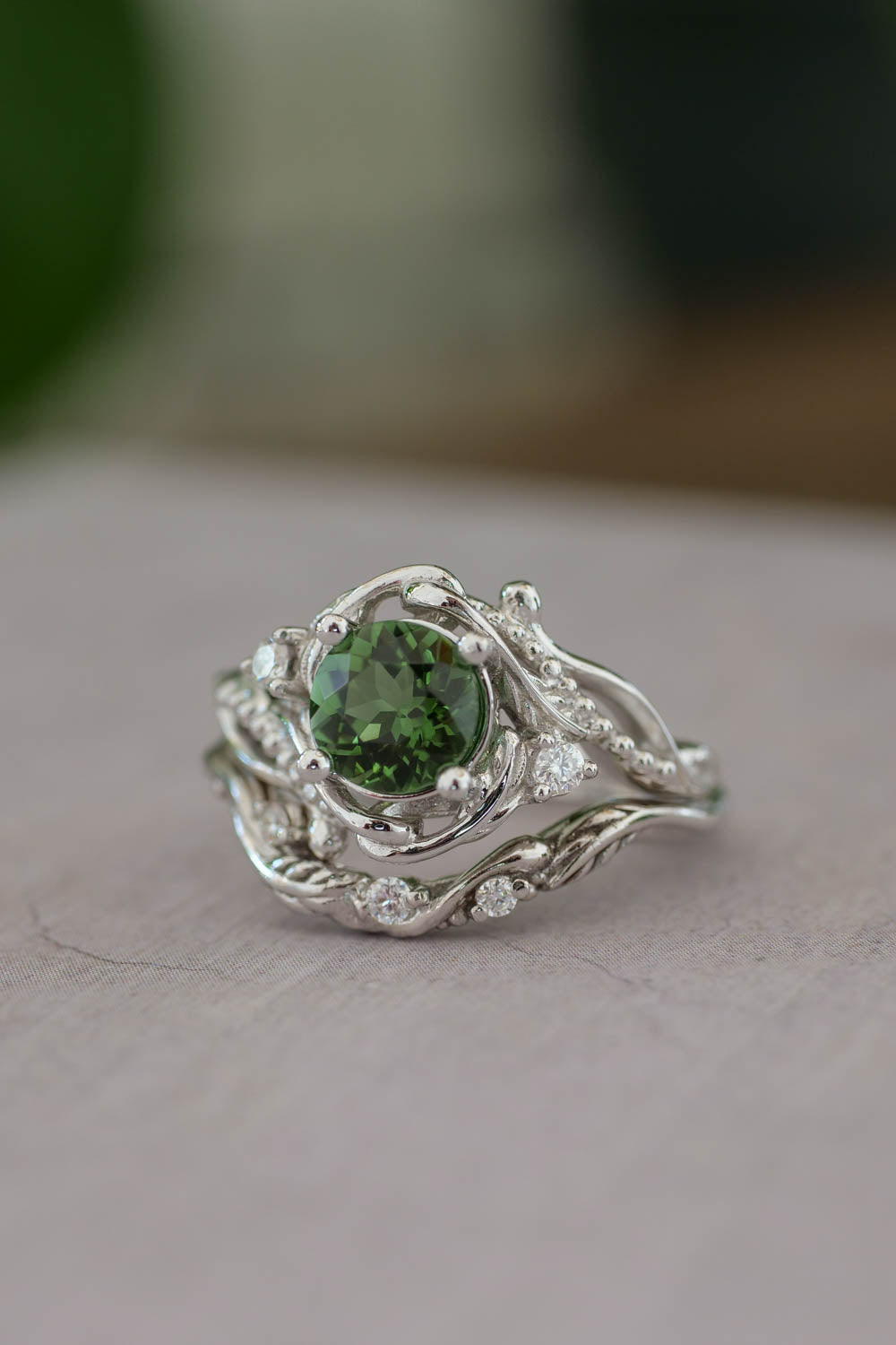 1 carat green tourmaline bridal ring set / Undina - Eden Garden Jewelry™