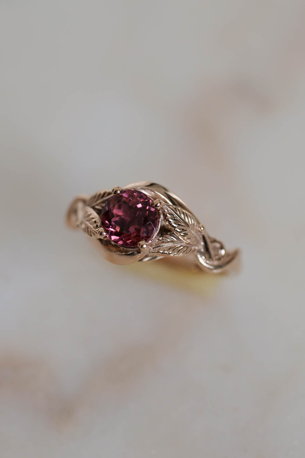 leaf engagement ring rose gold, ring with pink tourmaline / Azalea 