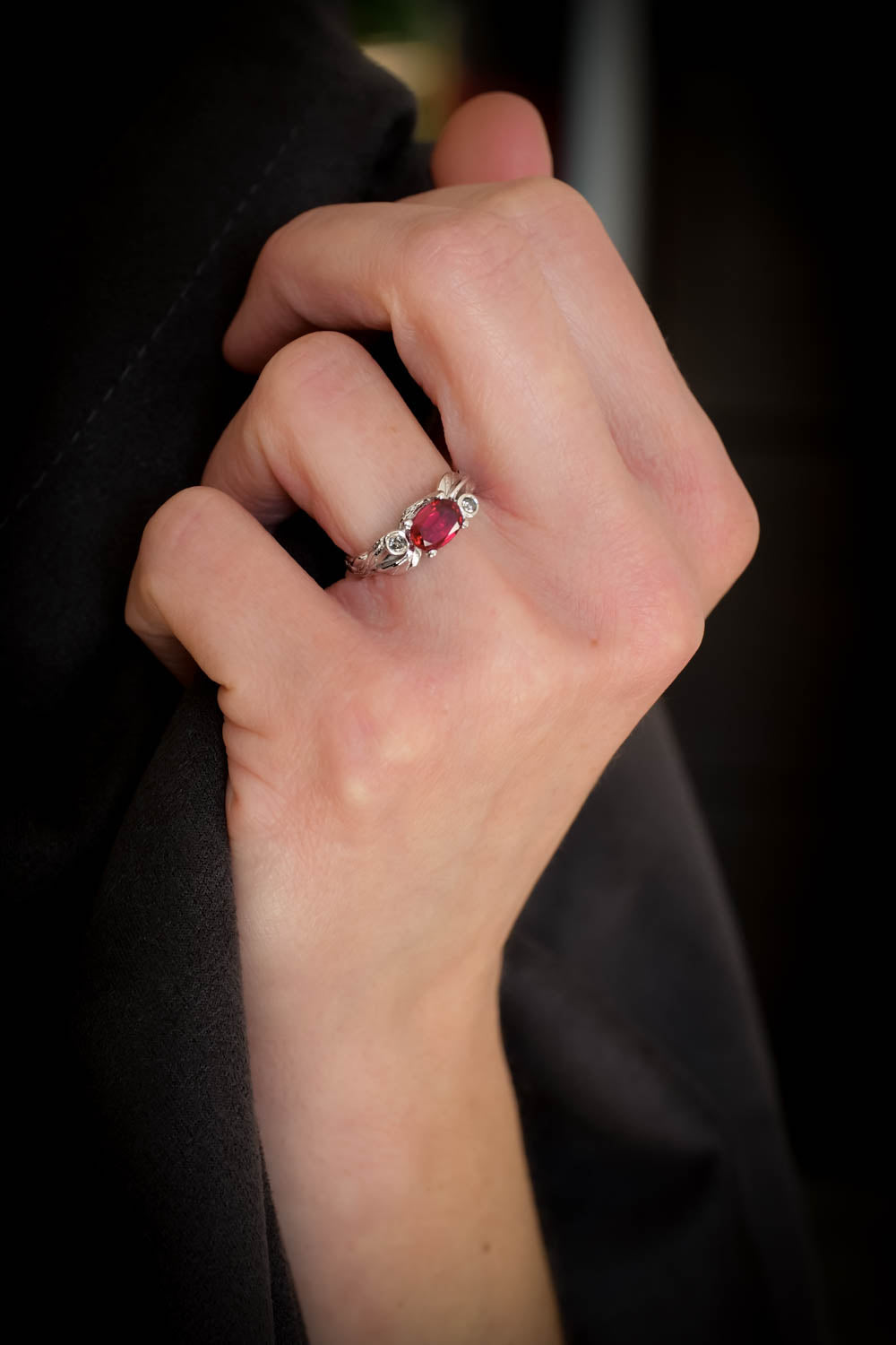 Lab ruby statement ring, salt and pepper diamonds ring / Arius - Eden Garden Jewelry™