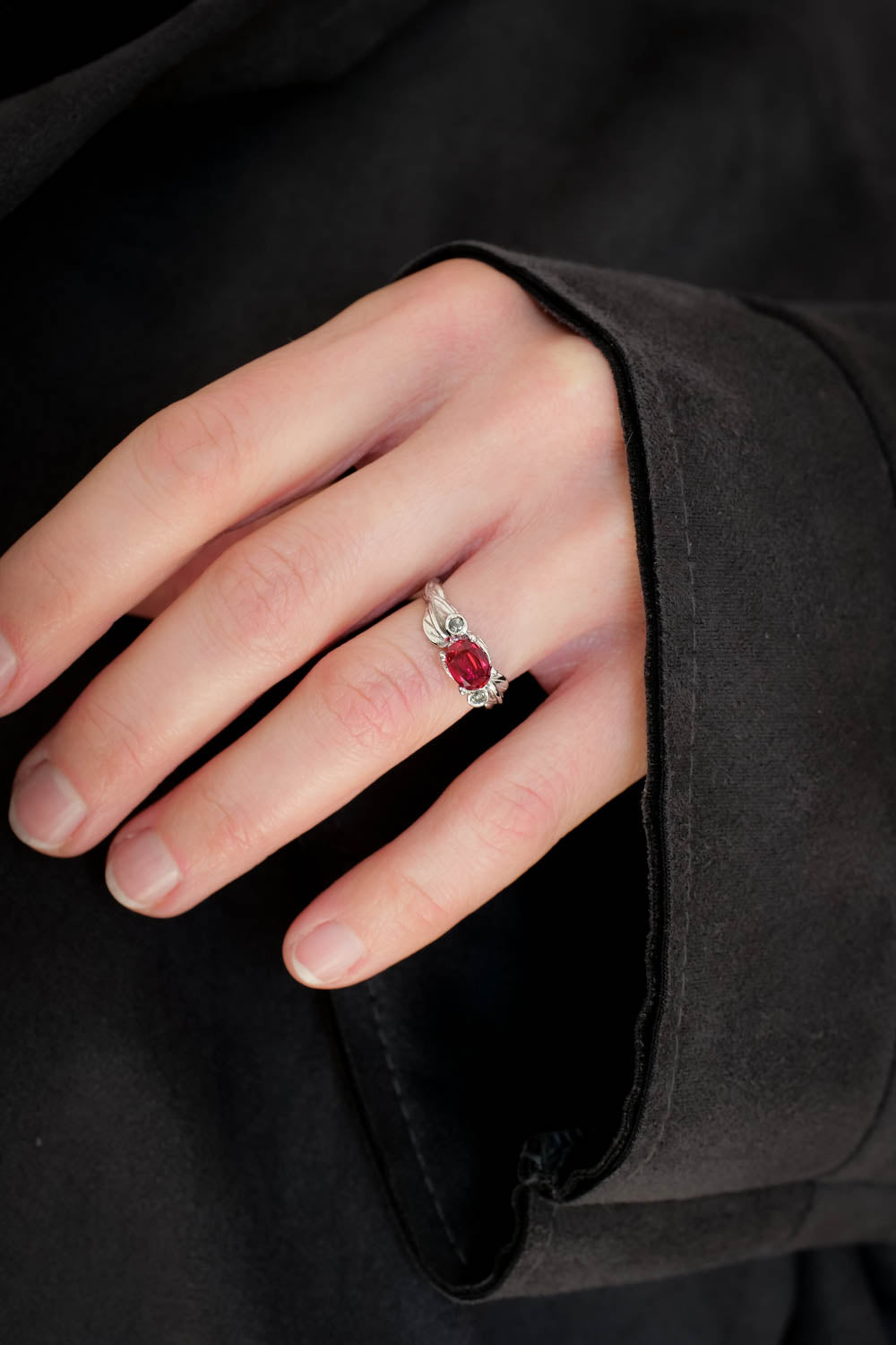 Lab ruby statement ring, salt and pepper diamonds ring / Arius - Eden Garden Jewelry™