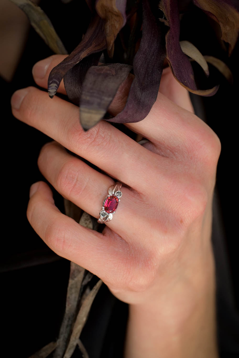 Lab ruby statement ring, salt and pepper diamonds ring / Arius - Eden Garden Jewelry™