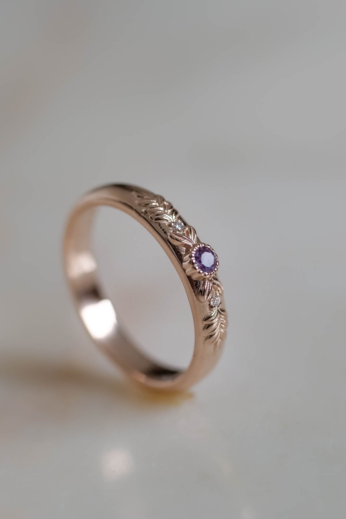 Alexandrite wedding ring, rose gold wedding band 