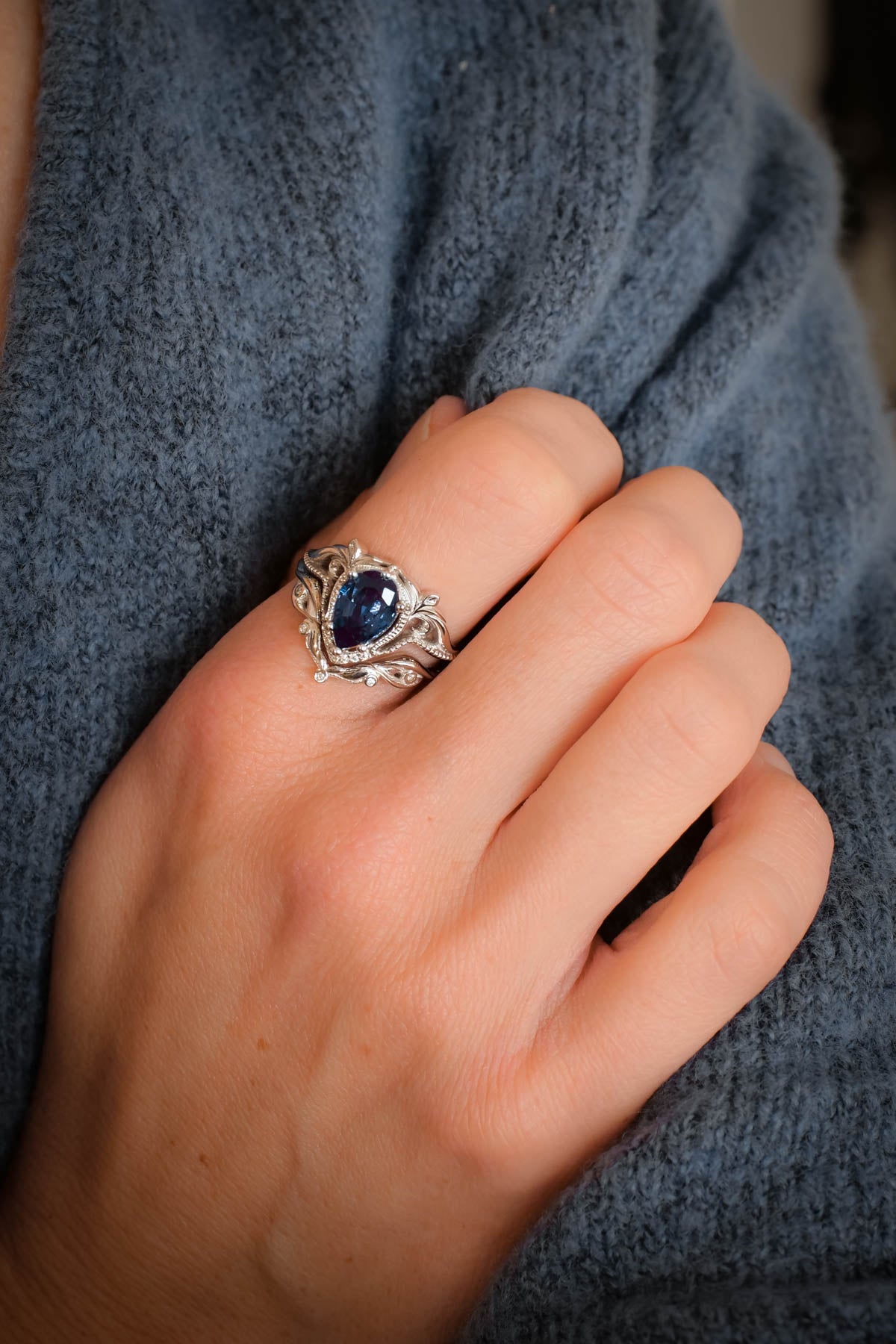 Dark blue topaz engagement ring set, london blue topaz bridal ring set / Lida - Eden Garden Jewelry™