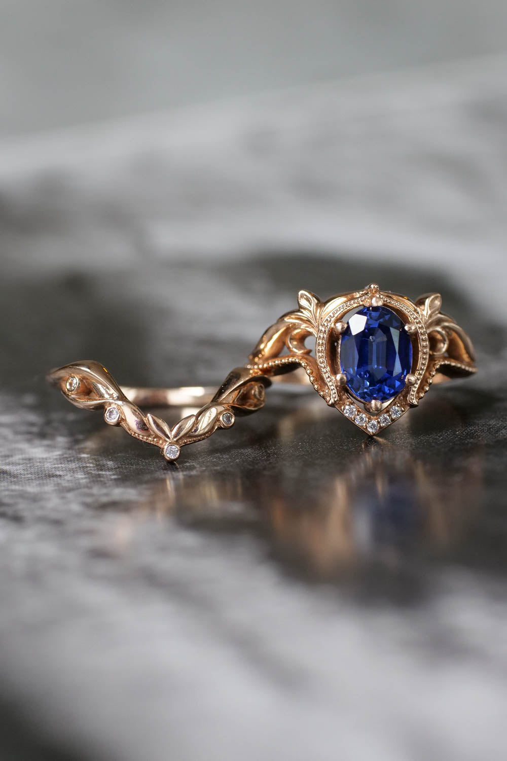 Lab sapphire engagement ring set / Lida oval - Eden Garden Jewelry™