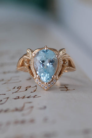 Engagement ring with aquamarine, big pear cut gemstone / Lida - Eden Garden Jewelry™