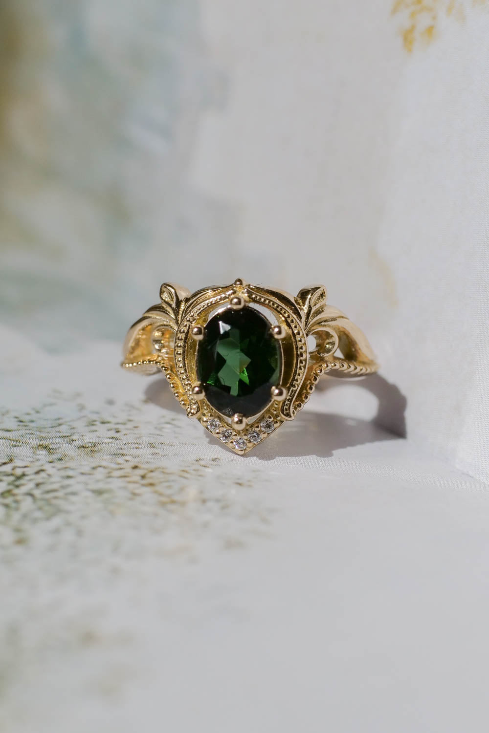 Yellow gold oval engagement ring, green tourmaline / Lida - Eden Garden Jewelry™