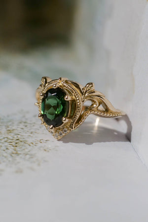 Yellow gold oval engagement ring, green tourmaline / Lida - Eden Garden Jewelry™