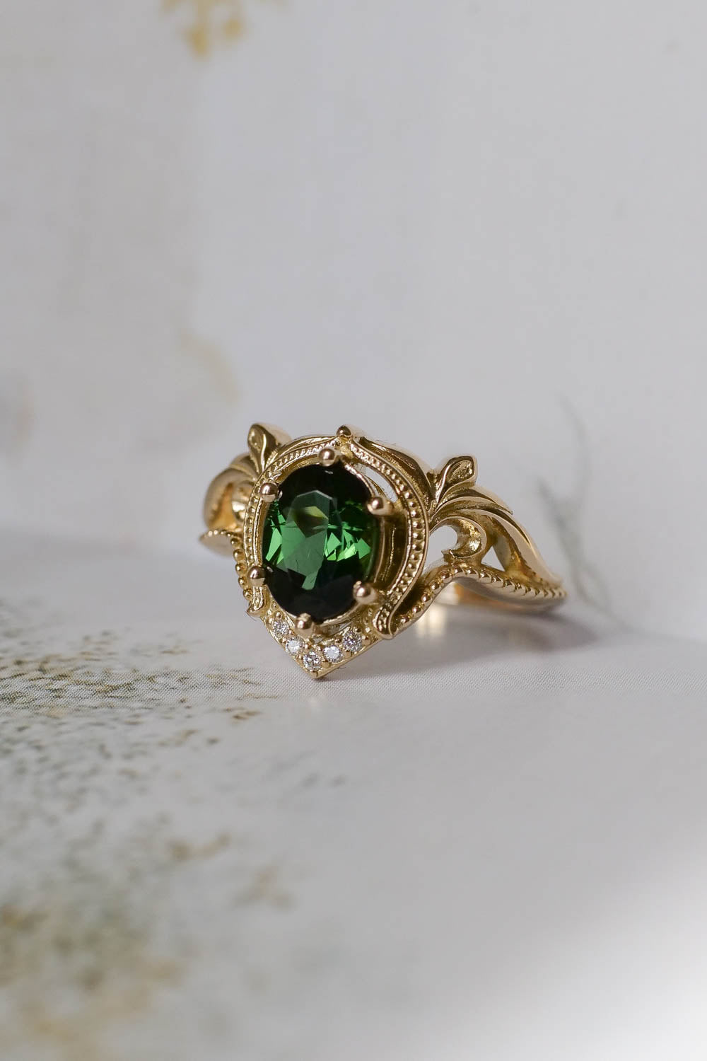 Yellow gold oval engagement ring, green tourmaline / Lida - Eden Garden Jewelry™