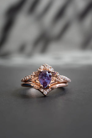 Engagement ring set with alexandrite, rose gold, pear cut . Unusual rose gold engagement rings