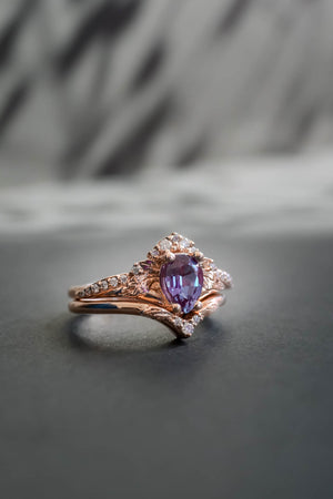 rose gold rings, pear alexandrite engagement ring set