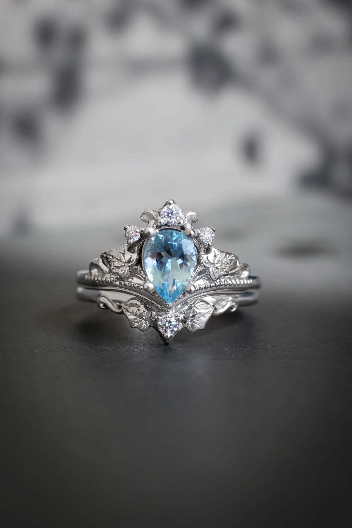 Aquamarine white gold ring set, pear cut/ Ariadne - Eden Garden Jewelry™