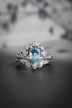 Aquamarine white gold ring set, pear cut/ Ariadne - Eden Garden Jewelry™