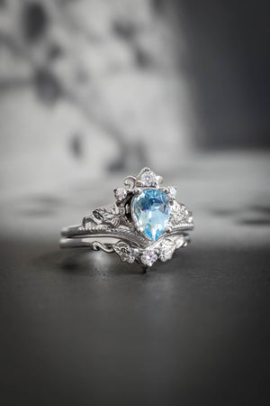 Aquamarine white gold ring set, pear cut/ Ariadne - Eden Garden Jewelry™