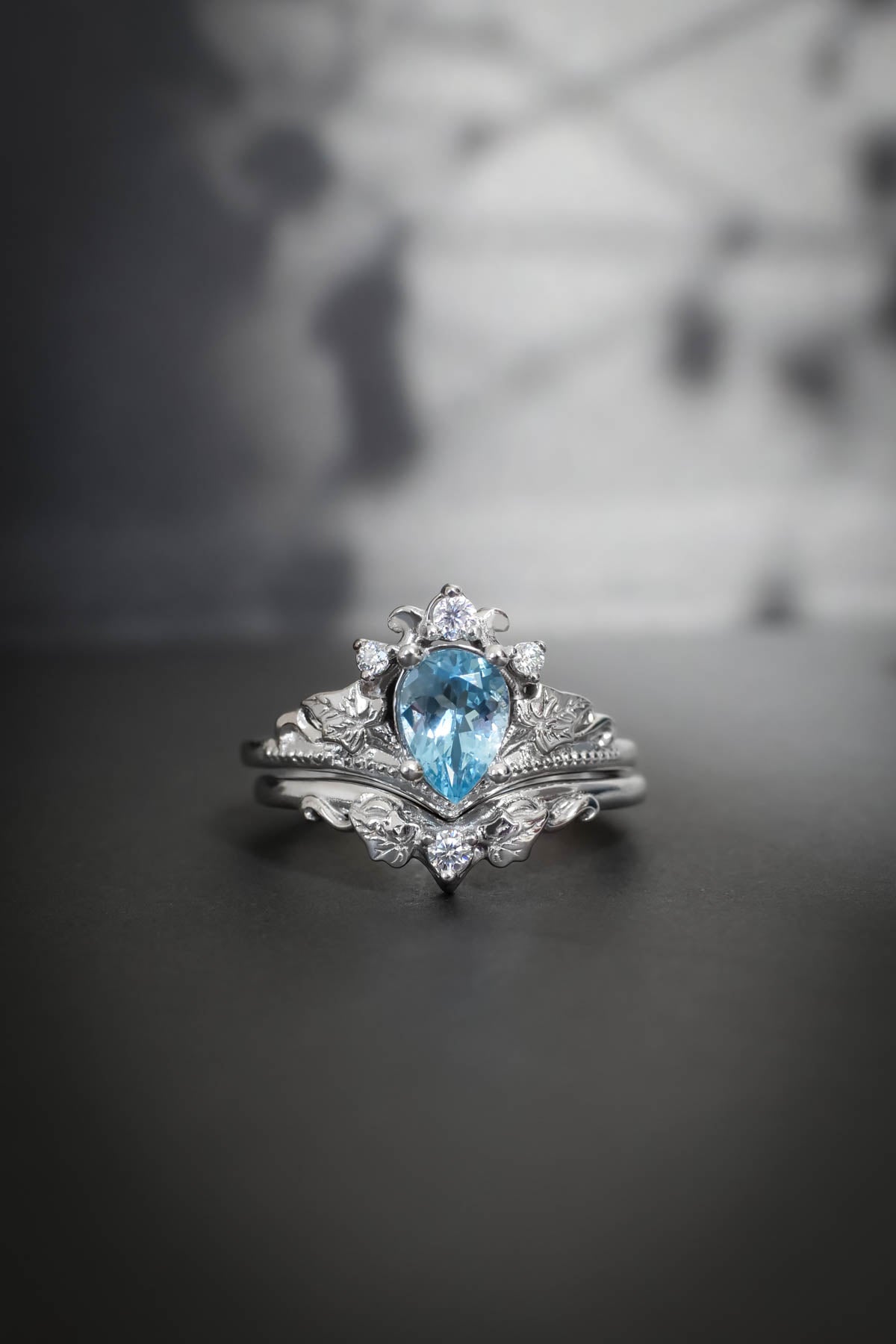 Aquamarine white gold ring set, pear cut/ Ariadne - Eden Garden Jewelry™