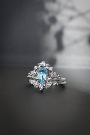 Aquamarine white gold ring set, pear cut/ Ariadne - Eden Garden Jewelry™