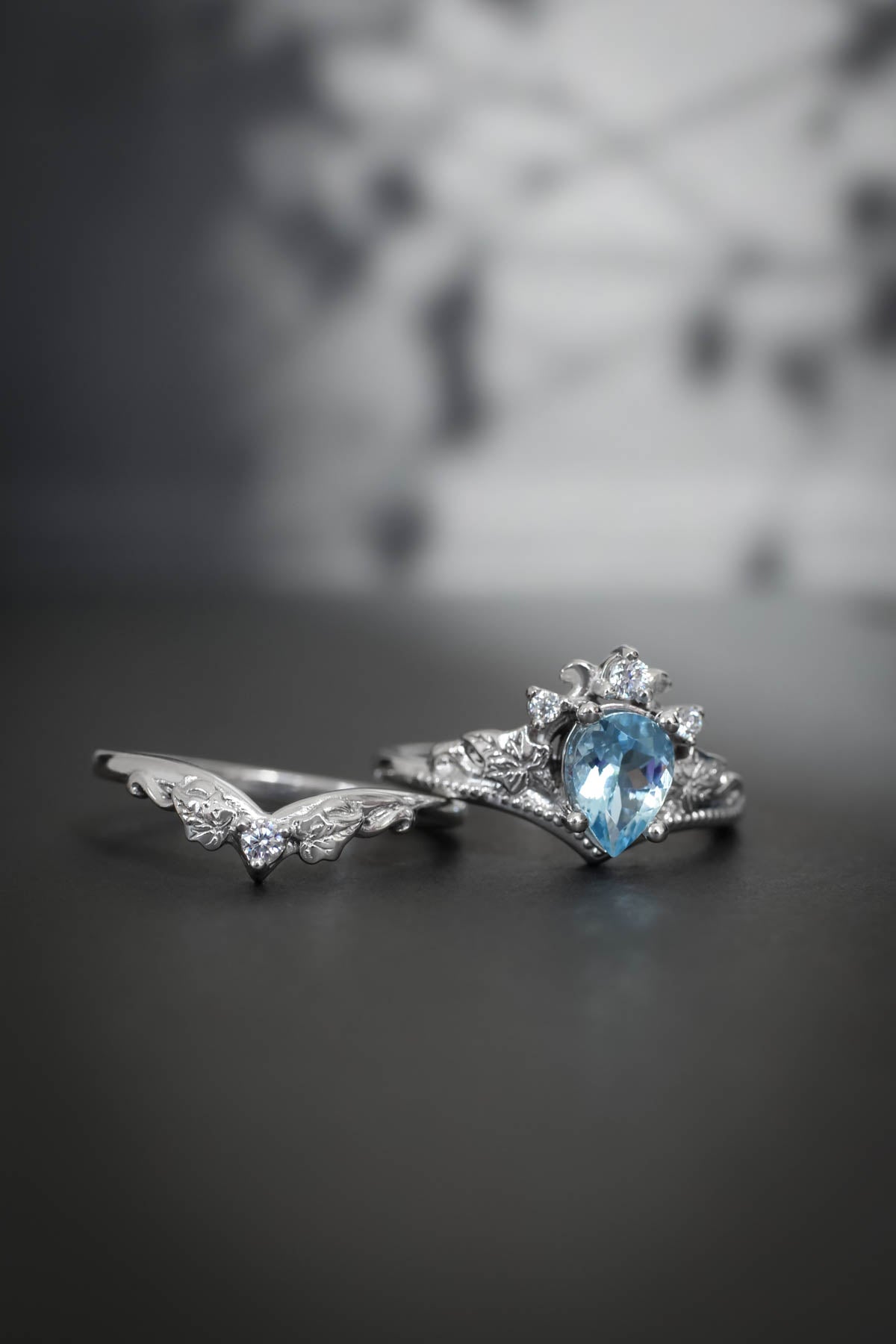 Aquamarine white gold ring set, pear cut/ Ariadne - Eden Garden Jewelry™