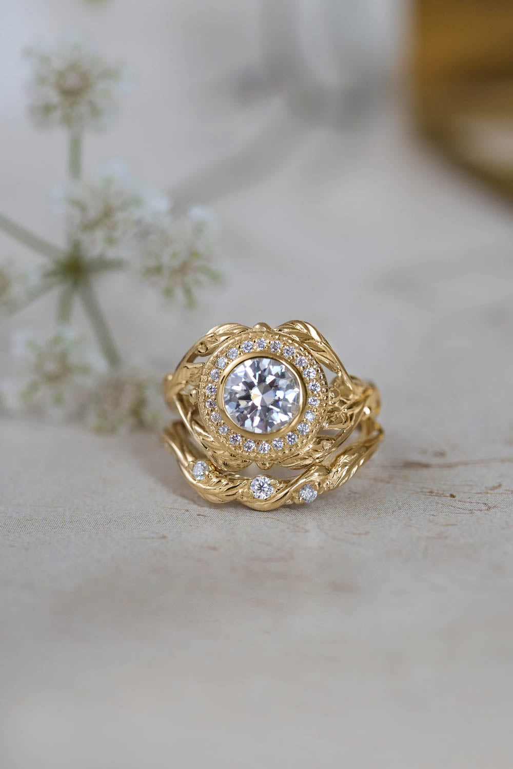 Moissanite halo engagement ring, nature wedding band - Eden Garden Jewelry™