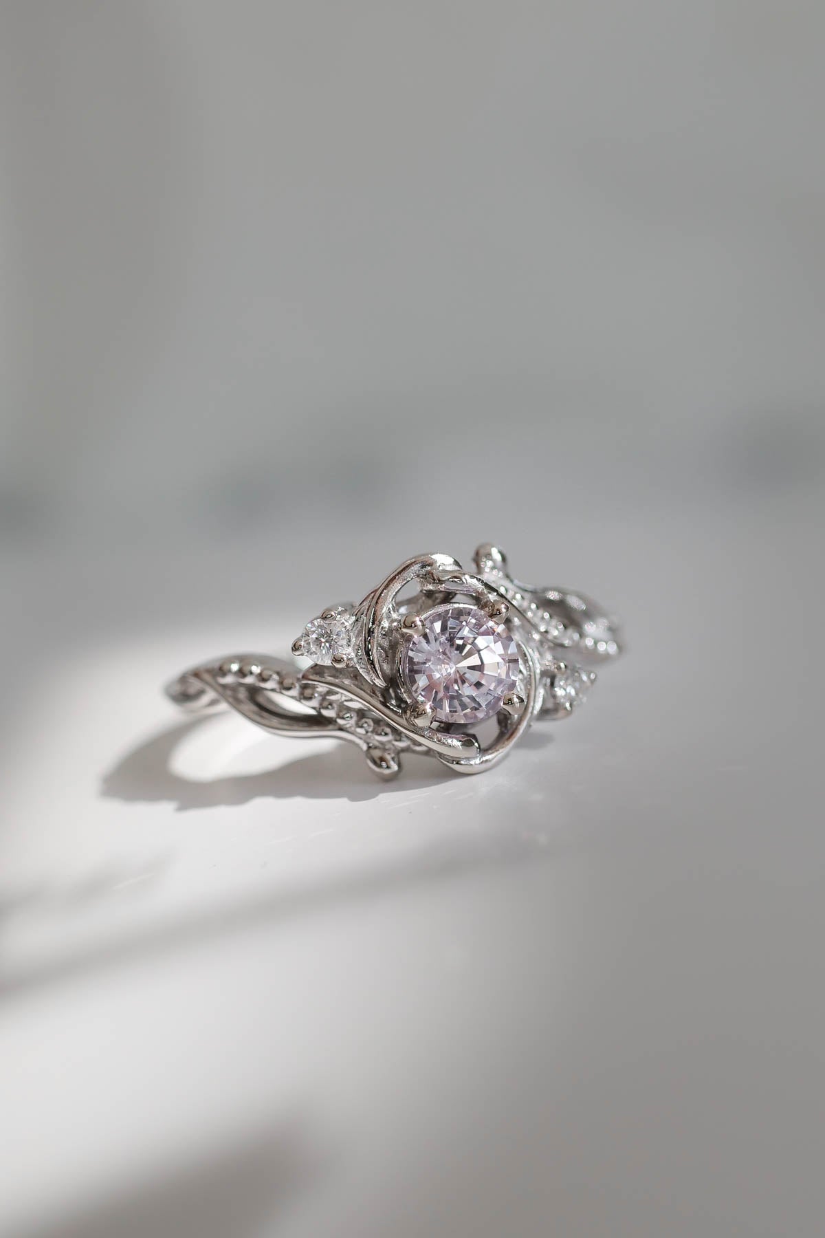 READY TO SHIP: Undina in 14K white gold, natural pink sapphire, 5 mm, moissanites, RING SIZE 7 US - Eden Garden Jewelry™