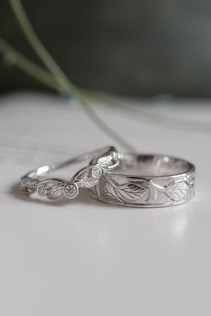 wedding rings set in white gold, leaves ring