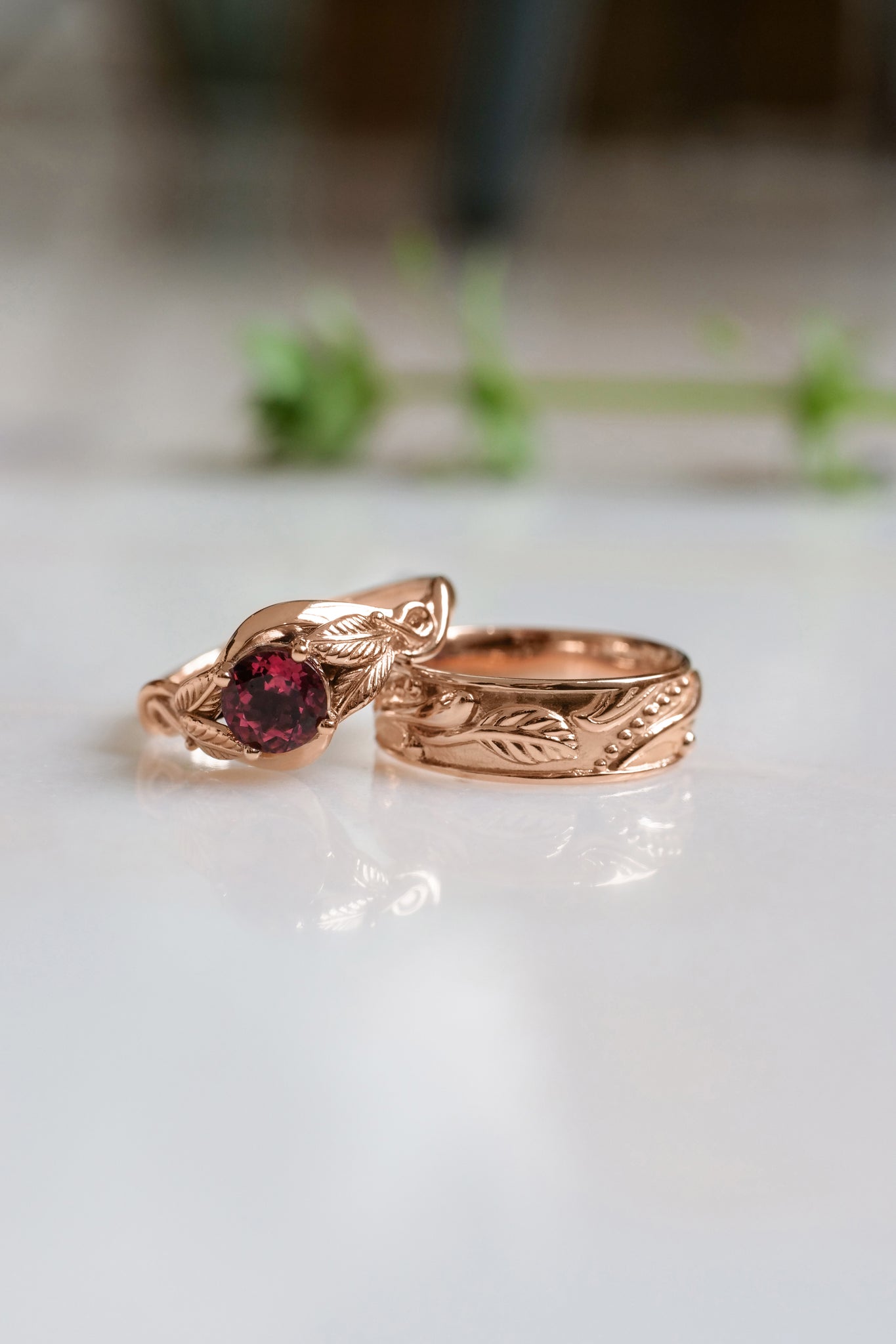 Wedding rings set for couple: nature themed band for him, leaves band with pink tourmaline for her - Eden Garden Jewelry™