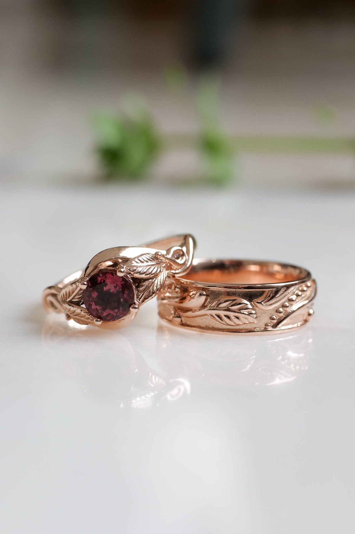 Wedding rings set for couple: nature themed band for him, leaves band with pink tourmaline for her - Eden Garden Jewelry™